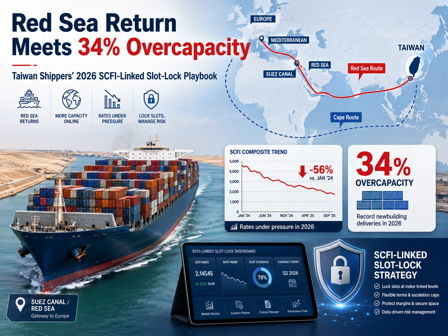 Red Sea Return Meets 34% Overcapacity: Taiwan Shippers’ SCFI-Linked Slot-Lock Playbook for 2026