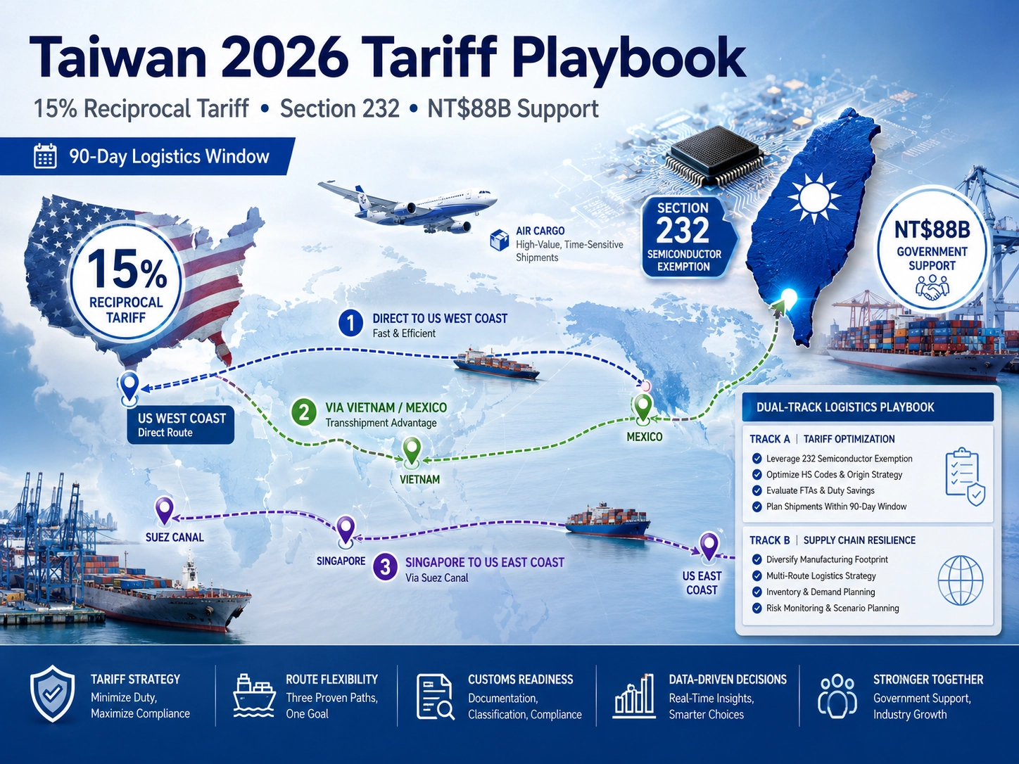Taiwan’s 15% Reciprocal Tariff in 2026: A Dual-Track Logistics Playbook on Section 232 and the NT$88B Support Package